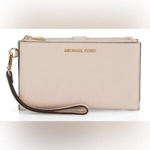 Michael Kors Powder Pink Jet Set Travel Large Double Zip Leather Wristlet Wallet